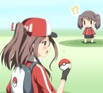  !? 2girls absurdres alternate_costume backpack bag baseball_cap black_gloves brown_eyes brown_hair commentary fingerless_gloves gloves hat highres holding holding_poke_ball jacket kantai_collection multiple_girls nedia_r open_mouth poke_ball pokemon pokemon_(game) ryuujou_(kantai_collection) track_jacket twintails zuihou_(kantai_collection) 