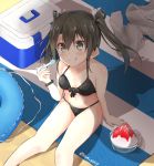  1girl bikini bowl desert eyebrows_visible_through_hair grey_hair hair_ribbon highres kantai_collection long_hair parasol ribbon shadow shaved_ice shirt_removed sitting solo spoon sundae swimsuit syun_y1117 towel twintails umbrella zuikaku_(kantai_collection) 