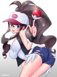  1girl ass balancing baseball_cap blue_eyes breasts brown_hair denim denim_shorts from_behind hat highres index_finger_raised leaning_forward long_hair looking_back open_mouth poke_ball pokemon pokemon_(game) pokemon_bw ponytail ranken shirt short_shorts shorts smile solo torn_clothes torn_shorts touko_(pokemon) very_long_hair vest 