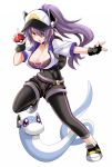  1girl breasts cosplay dratini eyepatch fingerless_gloves gloves hat kantai_collection pokemon purple_hair shoes shorts tenryuu_(kantai_collection) tights white_background 