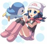  1girl :d black_legwear blue_hair blush boots eye_contact hair_ornament hat hikari_(pokemon) looking_at_another open_mouth pink_boots pink_skirt piplup pokemon pokemon_(anime) pokemon_(creature) porocha scarf simple_background sitting skirt smile thigh-highs wristband 