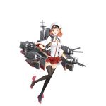  1girl :o breasts brown_legwear cannon clenched_hand full_body gloves green_eyes hao_(patinnko) hat hiei_(zhan_jian_shao_nyu) looking_at_viewer machinery military_hat miniskirt official_art one_leg_raised open_mouth orange_hair peaked_cap pleated_skirt red_skirt short_hair skirt smokestack solo standing standing_on_one_leg teeth thigh-highs transparent_background turret white_gloves white_hat wide_sleeves zettai_ryouiki zhan_jian_shao_nyu 
