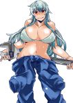  1girl alternate_costume bangs behind_back blue_hair breasts clothes_around_waist collarbone contrapposto eyebrows eyebrows_visible_through_hair hair_between_eyes heiseikorotaisei hips jumpsuit kamishirasawa_keine large_breasts long_hair looking_at_viewer multicolored_hair naughty_face navel no_panties oversized_object shiny shiny_skin sidelocks simple_background solo stomach thick_eyebrows tongue tongue_out touhou two-tone_hair very_long_hair white_background white_bikini_top wrench 