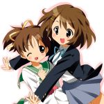  brown_eyes brown_hair hirasawa_ui hirasawa_yui hug k-on! multiple_girls nal open_mouth ponytail school_uniform serafuku short_hair siblings sisters studio_ng wink 