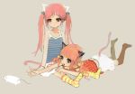  animal_ears bad_id blush camisole child goma kneeling lying mouse on_stomach orange_hair pink_hair simple_background skirt socks striped striped_socks tail twintails 