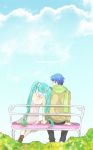  bench blue_eyes from_behind hand_holding hatsune_miku holding_hands kaito long_hair orionme scarf short_hair sitting twintails vocaloid wani_(mezo) 