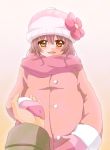  brown_eyes brown_hair clannad furukawa_nagisa hat highres mittens pov pregnant short_hair winter_clothes yuzuki_kisa 