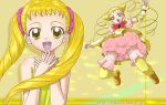  1girl :d blockice blonde_hair cure_lemonade dual_persona highres kasugano_urara magical_girl open_mouth precure pretty_cure smile souma_nouma twintails yellow_background yellow_eyes yes!_precure_5 yes!_pretty_cure_5 