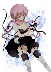  bare_shoulders black_dress butterfly cellphone dress e-kiasanyagi garter_belt gasai_yuno hair_ribbon long_hair mirai_nikki panties pantyshot phone pink_eyes pink_hair ribbon thigh-highs thighhighs underwear 