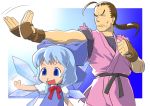  beckon blue_eyes blue_hair bow brown_hair chibi cirno crossover dress fingerless_gloves gloves hair_bow hibiki_dan japanese_clothes kimono long_hair ogu_(oguogu) ogu_(pixiv136937) ponytail ribbon short_hair smile snot street_fighter touhou wings 