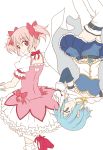  2girls back belt blue_eyes blue_hair bow cape dress frills gloves gonzaburou hair_bow heart kaname_madoka magical_girl mahou_shoujo_madoka_magica miki_sayaka multiple_girls pink_eyes pink_hair short_hair short_twintails smile soul_gem thigh-highs twintails zettai_ryouiki 