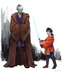  2boys age_difference black_hair crossover dragon_ball dragon_ball_z energy_sword full_body green_skin hands_in_sleeves height_difference jedi lightsaber multiple_boys namekian piccolo pointy_ears robe son_gohan star_wars sun_stark sword turban weapon 