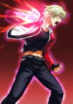  angry blonde_hair clenched_hands energy fatal_fury garou glowing_eye jacket male mark_of_the_wolves open_mouth pants red_background red_eyes rock_howard shirt snk solo uchiga 