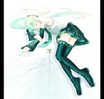  aqua_hair detached_sleeves eto hatsune_miku hello_planet_(vocaloid) legs letter long_hair lying necktie on_side pillarboxed skirt sleeping solo thigh-highs thighhighs twintails vocaloid zettai_ryouiki 