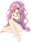  barefoot blush cute hair_ribbon long_hair purple_hair ribbon stuffed_animal violet_eyes 