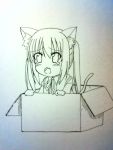  animal_ears aya_sugi_motonari box cardboard_box cat_ears chibi girl_in_a_box monochrome nakano_azusa sketch tail tears 