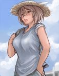  brown_hair casual hat open_mouth rozen_maiden rozenweapon short_hair sky solo souseiseki straw_hat tan 