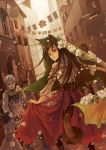  black_eyes brown_hair child craft_lawrence dress flower holo long_hair looking_back petals red_eyes shi_chi_mi short_hair silver_hair skirt spice_and_wolf tail window wolf_ears 