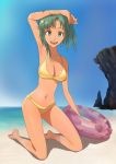  1girl barefoot beach bikini green_eyes green_hair innertube motsu_rebaa ocean original short_hair smile solo swimsuit 