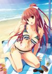  beach bikini breasts cleavage fang feet kneeling large_breasts long_hair nakajima_yuka ocean original ponytail red_eyes red_hair redhead sample sitting striped striped_bikini striped_swimsuit sunglasses swimsuit yokozuwari 