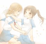  blush brown_hair genderswap hug koizumi_itsuki_(female) kyonko school_uniform suzumiya_haruhi_no_yuuutsu twintails yoshioka_mitsuko 