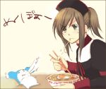  alternate_costume bowl brown_hair chopsticks eating food green_eyes lowres maid_headdress mieu noodles ponytail ramen sunege tales_of_(series) tales_of_the_abyss tear_grants translation_request 