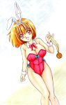  bare_legs bent_over bunny_ears bunnysuit medal nagano_shinya orange_hair original rabbit_ears red_eyes short_hair traditional_media 