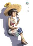  black_hair bracelet dress drinking flower hat hibakari jeans jewelry original red_eyes shadow short_hair sitting straw_hat sunflower wind_chime 