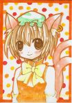  bad_id brown_eyes brown_hair cat_ears cat_tail chen earrings emo_(artist) emo_(mikan) hat jewelry multiple_tails smile solo tail touhou traditional_media 