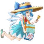  ascot barefoot bell blue_dress blue_eyes blue_hair bow box cirno dress flying hair_bow hat ice note-takahashi sandals short_hair straw_hat sun_hat sweat touhou transparent_background twintails wings 