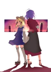 aya_shachou back-to-back back_to_back bad_id blonde_hair eyes green_eyes hair_ribbon hat irodori_shachou long_skirt long_sleeves moriya_suwako multiple_girls purple_hair ribbon sandals short_hair skirt sunset thigh-highs thighhighs touhou yasaka_kanako