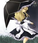  aki_(mare_desiderii) blonde_hair bow capelet crescent crescent_moon hat highres kirisame_marisa large_bow long_hair looking_back moon smile solo touhou umbrella witch_hat yellow_eyes 
