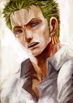  green_eyes green_hair jewelry lack male one_piece open_mouth painterly pirate roronoa_zoro short_hair swordsman 