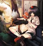  black_hair bunbunmaru fan feathers geta hat ken_(artist) ken_(coffee_michikusa) mask newspaper orange_eyes shameimaru_aya short_hair solo tengu tengu-geta tengu_mask tokin_hat tongue touhou 