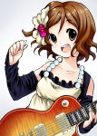  brown_eyes brown_hair detached_sleeves don&#039;t_say_lazy don't_say_&quot;lazy&quot; dress fingerless_gloves gloves guitar guitar_pick highres hirasawa_yui instrument k-on! mosho plectrum short_hair solo 