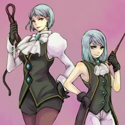  bad_id bare_shoulders blue_hair dual_persona gloves gyakuten_kenji gyakuten_saiban hand_on_hip karuma_mei lowres mole pantyhose short_hair simple_background skirt smile time_paradox whip young 