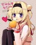  chiba_sadoru chitose_sana food fruit hairband heart heart-shaped_pupils holding holding_fruit orange school_uniform serafuku symbol-shaped_pupils tenshinranman thighhighs 