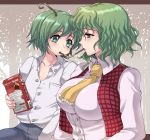  antenna antennae blue_eyes blush bob_cut breasts flat_chest green_hair impossible_clothes impossible_shirt inaho kazami_yuuka large_breasts light_smile mouth_hold multiple_girls nature necktie outdoors plaid plaid_vest pocky red_eyes reverse_trap shirt short_hair touhou tree vest wavy_hair wriggle_nightbug yuri 
