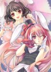  alternate_hair_color animal_ears black_hair bunny_ears gloves hat inaba_tewi lilithbloody long_hair mini_top_hat multicolored_hair necktie open_mouth parasol pink_hair purple_hair rabbit_ears red_eyes reisen_udongein_inaba short_hair smile top_hat touhou umbrella vest wink 