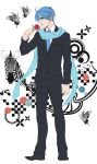  ano_(pixiv131048) blue_eyes blue_hair butterfly flower formal kaito male necktie saihate_(vocaloid) scarf short_hair solo suit vocaloid zebra 