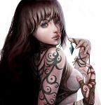  aqua_eyes artist_request blue_eyes brown_hair female gloves jewelry necklace realistic tattoo tattoos 