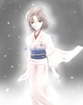  brown_hair japanese_clothes kara_no_kyoukai kimono obi ryougi_shiki short_hair snow snowing solo yorutsuki yorutsuki_(artist) 