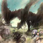  congalala dragon gloves hammer highres huge_weapon midriff monster_hunter painterly purple_hair rathalos ryu_ichi short_hair sword weapon wyvern 