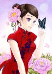  brown_hair butterfly china_dress chinadress chinese_clothes earrings face flower hair_ornament jewelry moon plum_blossom plum_blossoms purple_eyes side_slit toyoda_izumi violet_eyes 