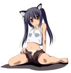  barefoot black_hair blush brown_eyes cat_ears k-on! long_hair midriff mister_(black_and_white) mouth_hold nakano_azusa popsicle sitting solo tan tanline twintails unzipped wariza 