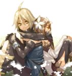  1girl blonde_hair brown_hair couple emil_castagnier flower gloves green_eyes marta_lualdi scarf sleeping smile tales_of_(series) tales_of_symphonia tales_of_symphonia_knight_of_ratatosk 