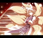  blonde_hair fox_tail glowing hands_in_sleeves hat highres letterboxed multiple_tails orange_eyes short_hair smile solo stairs tail touhou yakumo_ran yudofu 