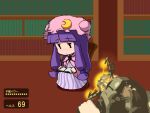  1girl blueberry_(5959) book chair chibi fake_screenshot gravity_gun half-life half-life_2 half_life half_life_2 hat heads-up_display hud library parody patchouli_knowledge pov purple_hair reading sitting touhou voile 