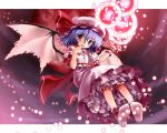  blood blue_hair danmaku feet finger_to_mouth hat katahira_masashi moon no_shoes petticoat red_eyes red_moon remilia_scarlet socks solo touhou wings 