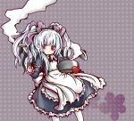  dress hair_ribbon ladle os oven_mittens oven_mitts red_eyes ribbon shio_poteto silver_hair 